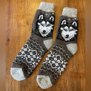 Handknit Wool Gray & Brown Husky/Wolf Nordic Style Patterned Socks L/XL